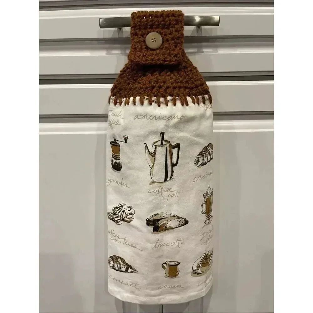Crochet Top Kitchen Towel- Coffee Themed brown topper